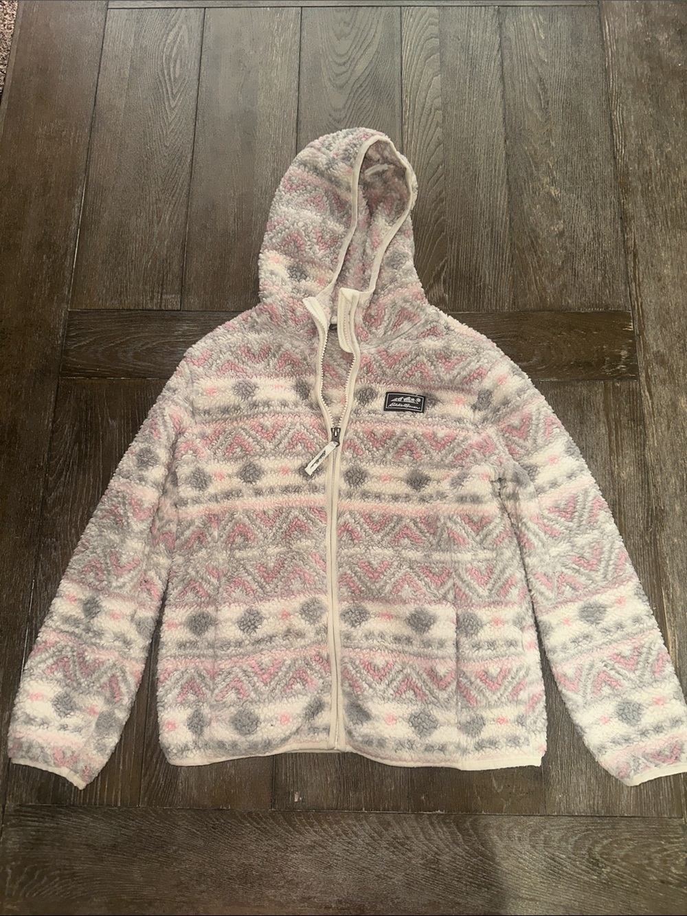 Eddie Bauer Girls' Hooded Sherpa Jacket in Pink, Gray & White